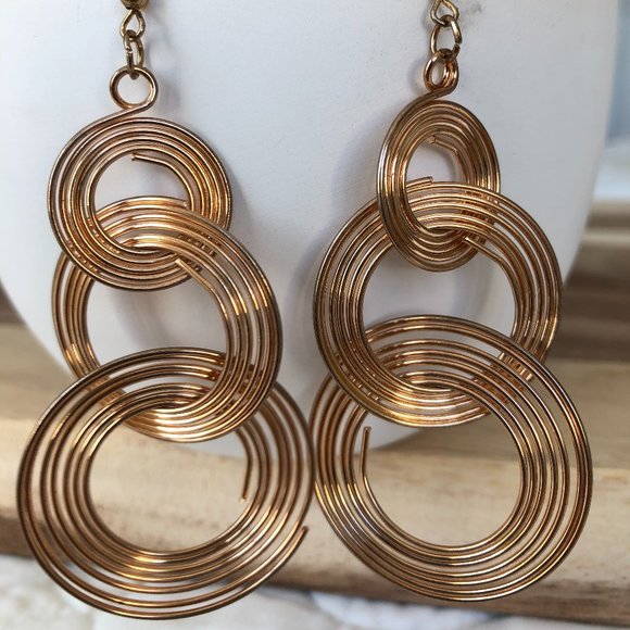 Gold Triple Multilayered Ring Dangling Earrings - Picture 3 of 3